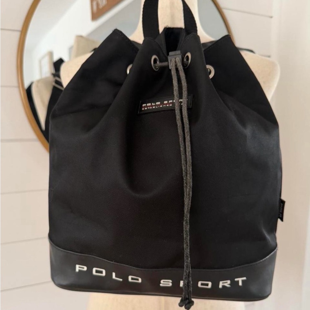 Vintage 90s Ralph Lauren Polo Sport Drawstring Backpack in Black Nylon - Y2K